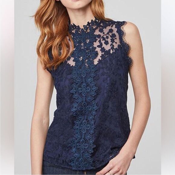 BB Dakota Tops - BB Dakota Allegra Lace High Neck Blouse Tank Top Navy Anthropologie Size XS